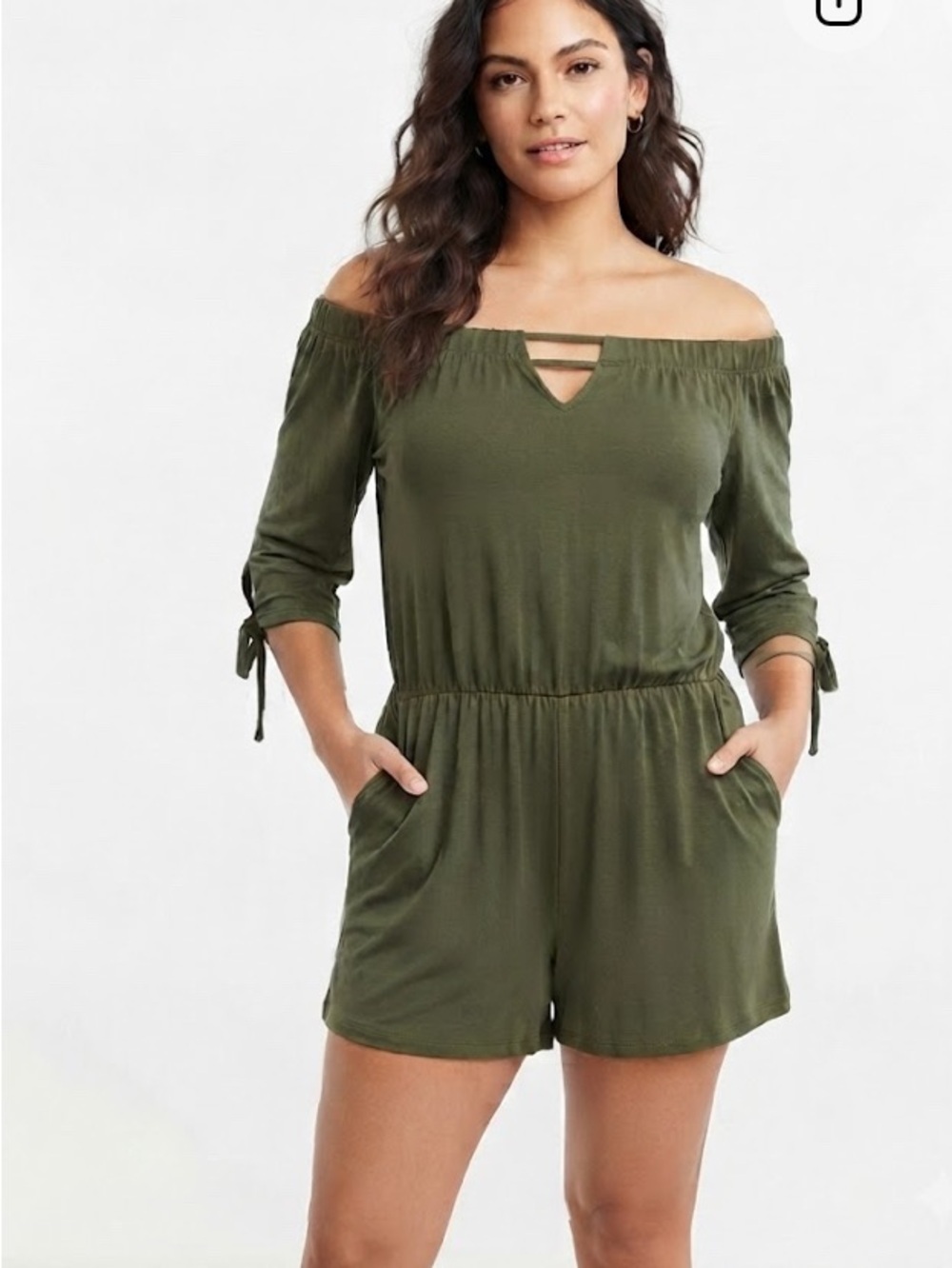 LASCANA Off-Shoulder Olive Green One-Shoulder Romper with Tie Sleeve